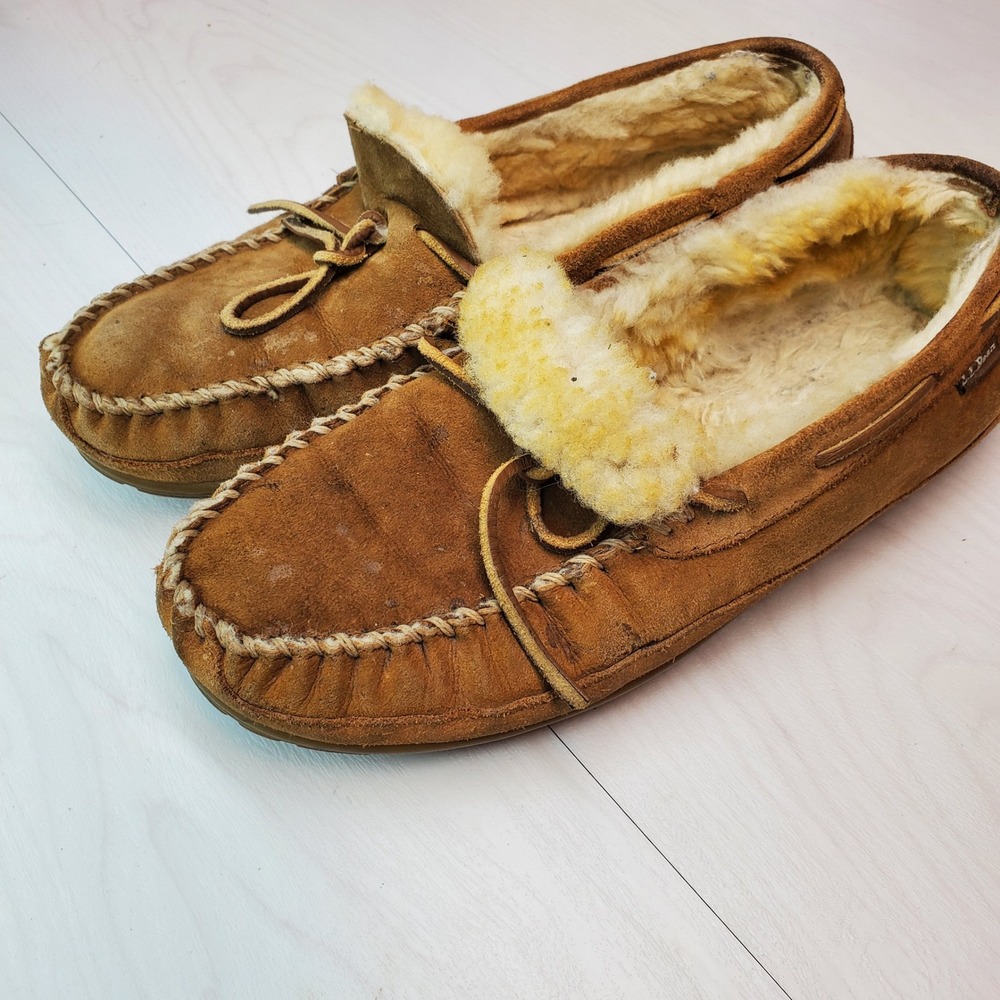 LL Bean Mens Moccasin Slippers Brown Suede Shearling Lined‎ Size 12 Medium